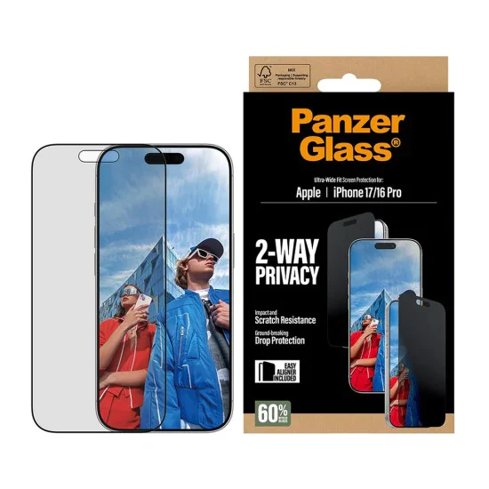 PanzerGlass® - Ултраширок двустранен протектор за екран с EasyAligner - iPhone 17 / iPhone 16 Pro - Черен