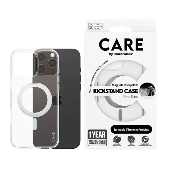 Калъф за iPhone 16 Pro Max - PanzerGlass® - CARE Feature Сребрист стойка и MagSafe - Прозрачен