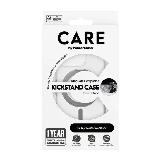 Калъф за iPhone 16 Pro - PanzerGlass® - CARE Feature Сребрист стойка и MagSafe - Прозрачен