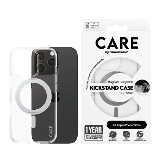 Калъф за iPhone 16 Pro - PanzerGlass® - CARE Feature Сребрист стойка и MagSafe - Прозрачен