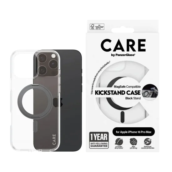 Калъф за iPhone 16 Pro Max - PanzerGlass® - CARE Feature Черен стойка и MagSafe - Прозрачен