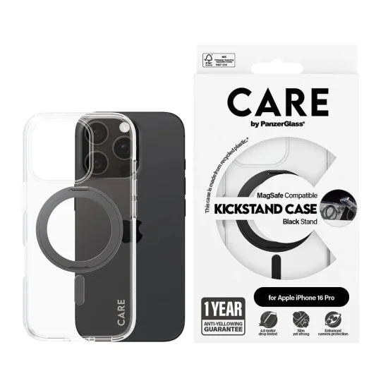 Калъф за iPhone 16 Pro - PanzerGlass® - CARE Feature Черен стойка и MagSafe - Прозрачен