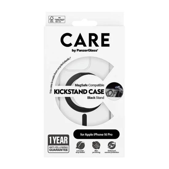 Калъф за iPhone 16 Pro - PanzerGlass® - CARE Feature Черен стойка и MagSafe - Прозрачен