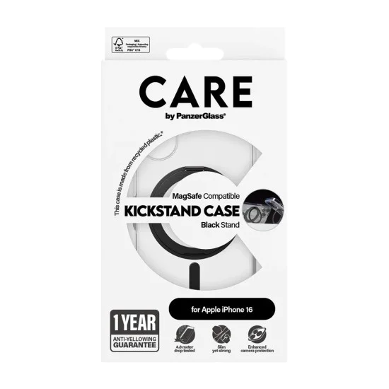 Калъф за iPhone 16 - PanzerGlass® - CARE Feature Черен стойка и MagSafe - Прозрачен