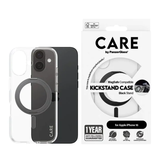 Калъф за iPhone 16 - PanzerGlass® - CARE Feature Черен стойка и MagSafe - Прозрачен
