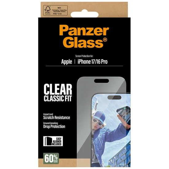 PanzerGlass® - Класически протектор за екран с EasyAligner - iPhone 17 / iPhone 16 Pro - Прозрачен