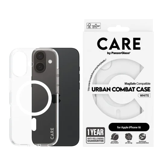Калъф за iPhone 16 - PanzerGlass® - CARE Flagship Urban Combat White MagSafe - Прозрачен