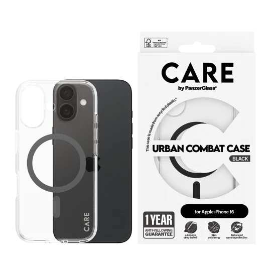 Калъф за iPhone 16 - PanzerGlass® - CARE Flagship Urban Combat Black MagSafe - Прозрачен