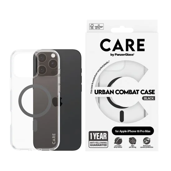 Калъф за iPhone 16 Pro - PanzerGlass® - CARE Flagship Urban Combat Black MagSafe - Прозрачен