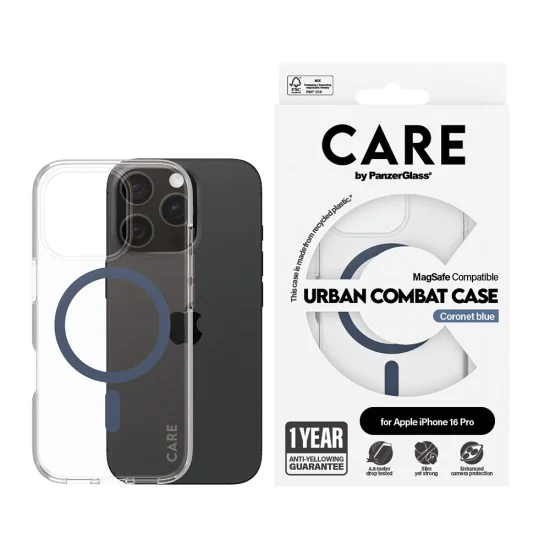 Калъф за iPhone 16 Pro - PanzerGlass® - CARE Flagship Urban Combat Blue MagSafe - Прозрачен