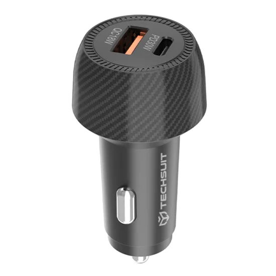 Techsuit - Зарядно за кола CarbonVolt (C7) - Бързо зареждане 48W, USB, Type-C, QC3.0 18W, PD30W - Черно