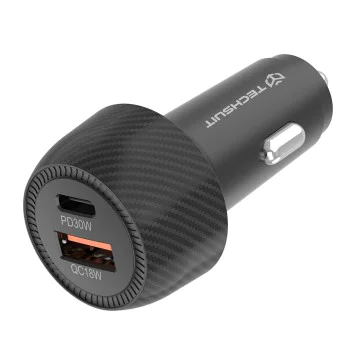 Techsuit - Зарядно за кола CarbonVolt (C7) - Бързо зареждане 48W, USB, Type-C, QC3.0 18W, PD30W - Черно