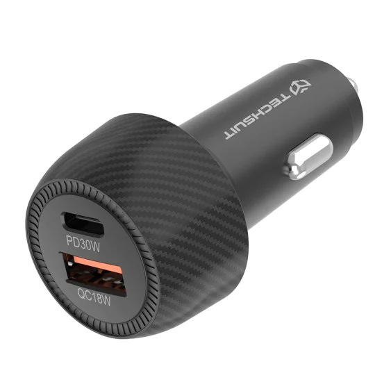 Techsuit - Зарядно за кола CarbonVolt (C7) - Бързо зареждане 48W, USB, Type-C, QC3.0 18W, PD30W - Черно