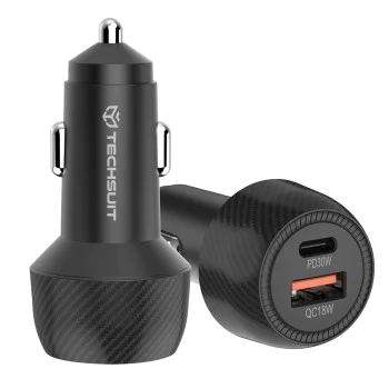Techsuit - Зарядно за кола CarbonVolt (C7) - Бързо зареждане 48W, USB, Type-C, QC3.0 18W, PD30W - Черно