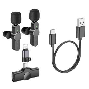 Безжични микрофони – Borofone (BFK12 Trophy, 2 броя) – 2.4GHz, Type-C + Lightning, 70mAh – Черен