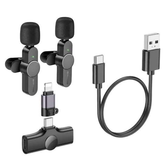 Безжични микрофони – Borofone (BFK12 Trophy, 2 броя) – 2.4GHz, Type-C + Lightning, 70mAh – Черен