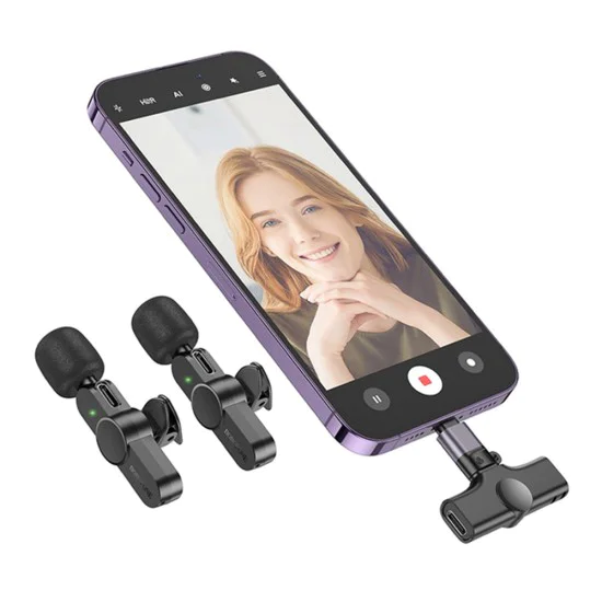 Безжични микрофони – Borofone (BFK12 Trophy, 2 броя) – 2.4GHz, Type-C + Lightning, 70mAh – Черен