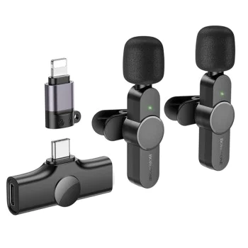 Безжични микрофони – Borofone (BFK12 Trophy, 2 броя) – 2.4GHz, Type-C + Lightning, 70mAh – Черен
