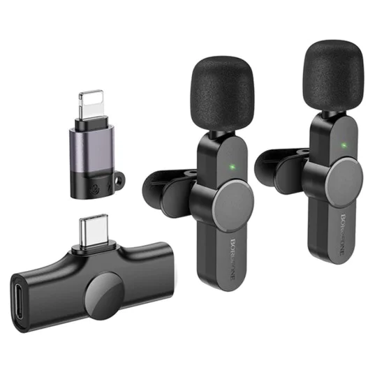 Безжични микрофони – Borofone (BFK12 Trophy, 2 броя) – 2.4GHz, Type-C + Lightning, 70mAh – Черен