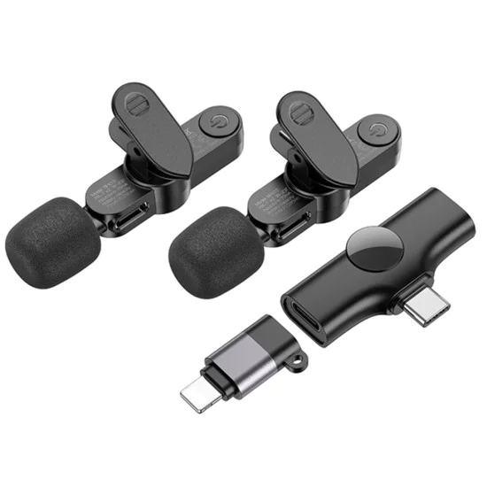 Безжични микрофони – Borofone (BFK12 Trophy, 2 броя) – 2.4GHz, Type-C + Lightning, 70mAh – Черен