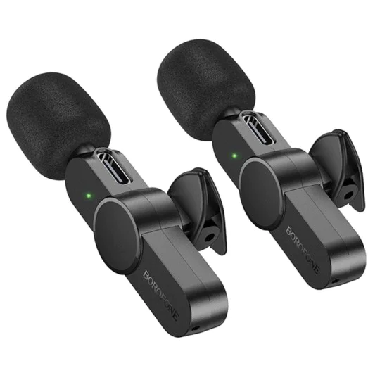 Безжични микрофони – Borofone (BFK12 Trophy, 2 броя) – 2.4GHz, Type-C + Lightning, 70mAh – Черен