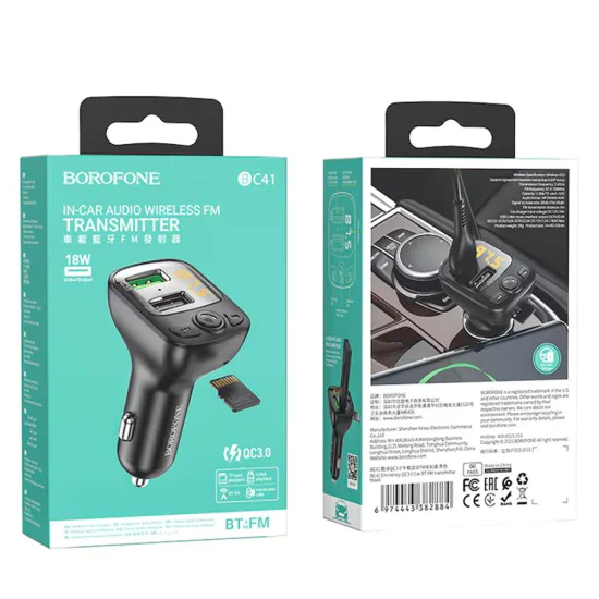 FM модулатор – Borofone (BC41 Eminency) – Bluetooth V5.0, 2x USB, MicroSD, QC3.0, 18W – Черен