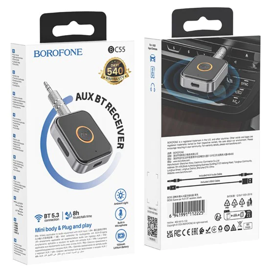 Bluetooth аудио приемник – Borofone (BC55 Suave) – Bluetooth 5.3, 150mAh, Jack 3.5mm – Черен