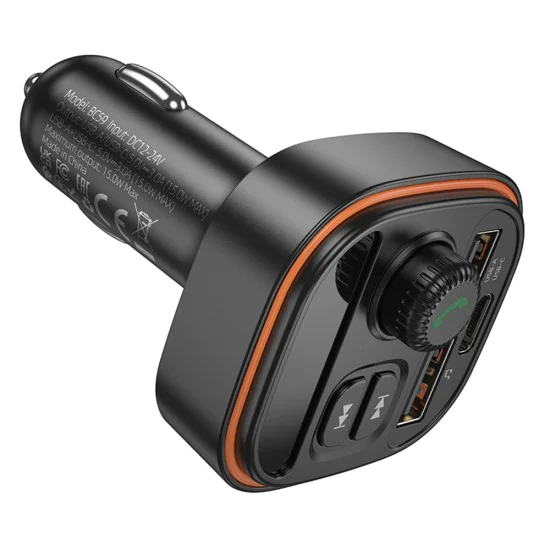 FM модулатор – Borofone (BC59 Heroic) – Bluetooth 5.4, 2x USB, Type-C, MP3 – Черен