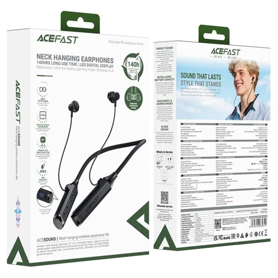 Безжични слушалки (N6) за спорт - Acefast - тип Neckband (зад врата), Bluetooth 5.4, IPX4, слот за TF карта, 1000mAh - Черно