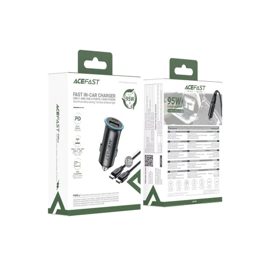 Зарядно за кола (B16) - Acefast - Бързо зареждане, USB, Type-C, 95W, с кабел 1.2м, алуминий - Метално сиво