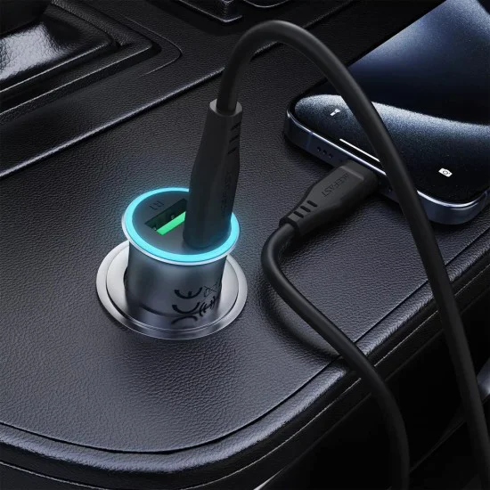 Зарядно за кола (B16) - Acefast - Бързо зареждане, USB, Type-C, 95W, с кабел 1.2м, алуминий - Метално сиво