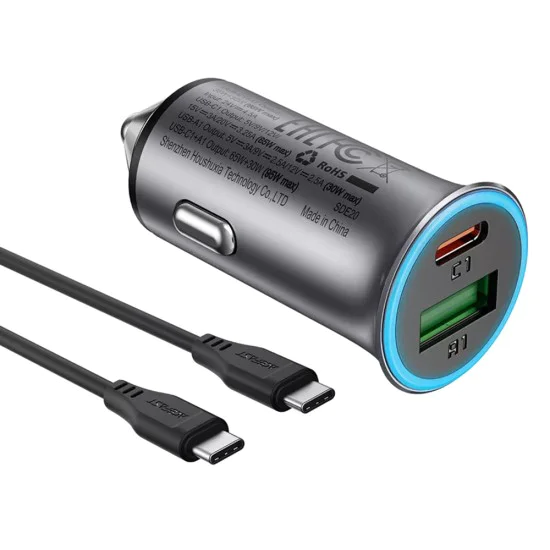 Зарядно за кола (B16) - Acefast - Бързо зареждане, USB, Type-C, 95W, с кабел 1.2м, алуминий - Метално сиво
