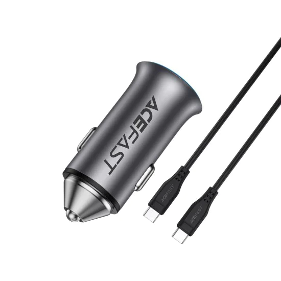 Зарядно за кола (B16) - Acefast - Бързо зареждане, USB, Type-C, 95W, с кабел 1.2м, алуминий - Метално сиво
