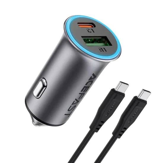 Зарядно за кола (B16) - Acefast - Бързо зареждане, USB, Type-C, 95W, с кабел 1.2м, алуминий - Метално сиво