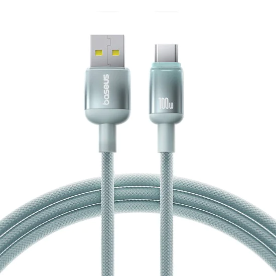 Кабел за данни Baseus Discolor Series (E0420800) - USB към Type-C, Найлонова оплетка, 480Mbps, 100W, 1м - Син/Зелен