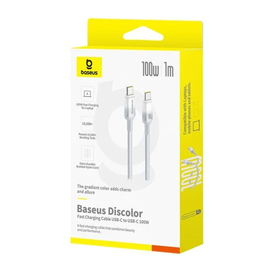 Кабел за данни Discolor (E0420702) - Baseus - USB-C към USB-C, 100W, 480Mbps, 1м - Сребрист