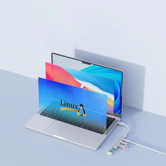 Techsuit - Докинг станция PolarisBridge 4 в 1 (H19) - USB към 2x USB 2.0, 1x USB 3.0, 1x Type-C - Сив/Бял