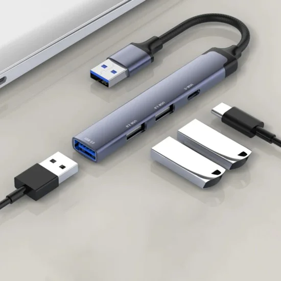 Techsuit - Докинг станция PolarisBridge 4 в 1 (H19) - USB към 2x USB 2.0, 1x USB 3.0, 1x Type-C - Сив/Бял