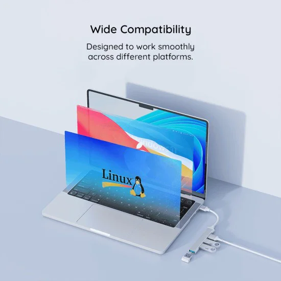 Techsuit - Докинг станция PolarisBridge 4 в 1 (H18) - USB-C към 1x USB 3.0, 2x USB 2.0, 1x Type-C - Сив/Бял