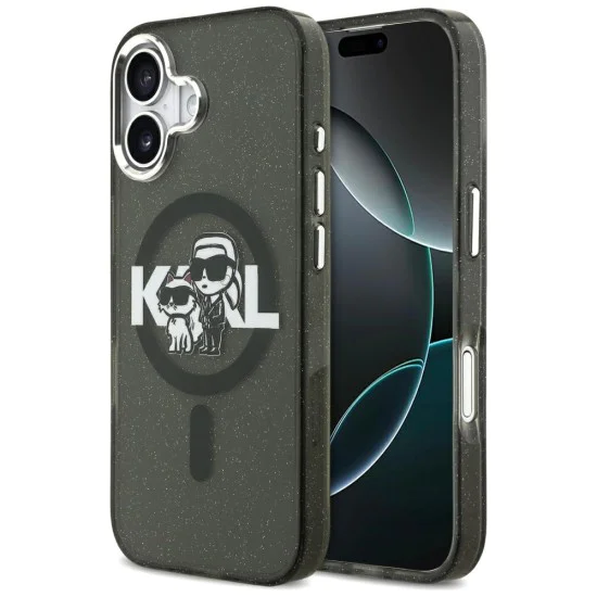 Калъф за iPhone 17 Pro – с MagSafe – Karl Lagerfeld (KLHMP17LHGKCGKBK) IML Glitter Karl & Choupette Sketch Logo – Черен