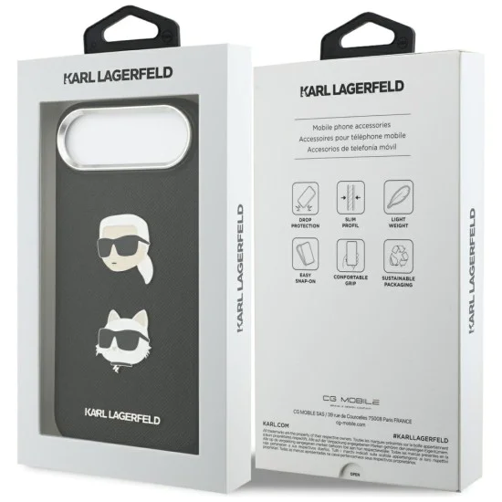 Калъф за iPhone 17 Air – Karl Lagerfeld (KLHCP17MPSFDHPOK) FW Grained Heads Pins & Logo – Черен