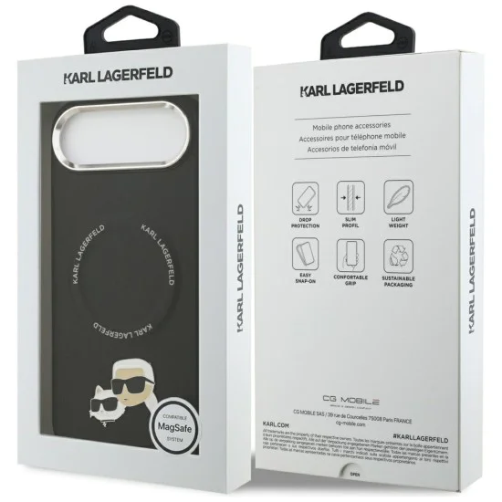 Калъф за iPhone 17 Air – с MagSafe – Karl Lagerfeld (KLHMP17MPSMLRKCK) Leather Karl & Choupette Pins – Черен