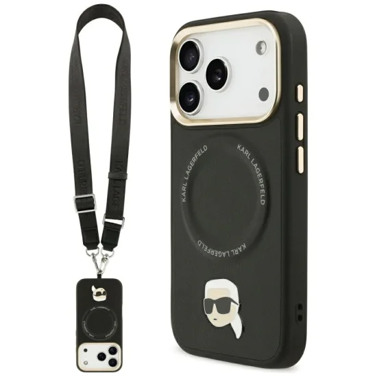 Калъф за iPhone 17 Pro – с MagSafe – Karl Lagerfeld (KLHMP17LPCRLRKLK) Hardcase Big Strap Karl Metal Logo – Черен