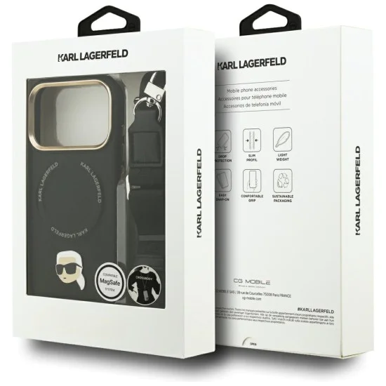 Калъф за iPhone 17 Pro – с MagSafe – Karl Lagerfeld (KLHMP17LPCRLRKLK) Hardcase Big Strap Karl Metal Logo – Черен