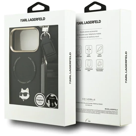 Калъф за iPhone 17 Pro Max – с MagSafe – Karl Lagerfeld (KLHMP17XPCRLRCHK) Hardcase Big Strap Karl Metal Logo – Черен
