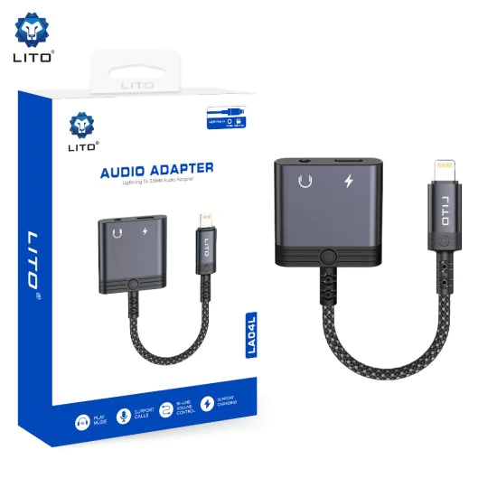 Аудио адаптер Lito (LA04L) - Lightning към Jack 3.5mm + Type-C, Поддръжка на разговори, Бързо зареждане, 60W - Черен