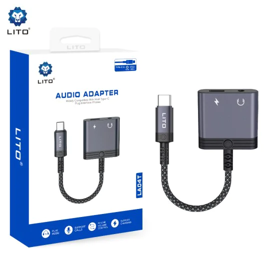 Аудио адаптер Lito (LA04T) - Type-C към Jack 3.5mm + Type-C, Поддръжка на разговори, Бързо зареждане, 60W - Черен