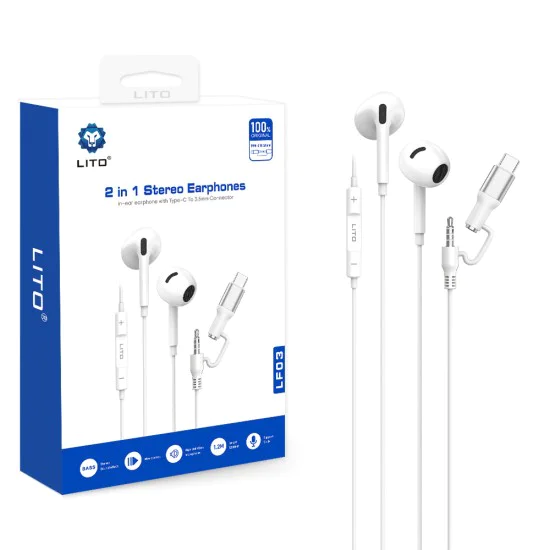 Жични слушалки – Lito (LF03) – Jack 3.5mm + Type-C, стерео, Half In-Ear, HD микрофон, 1.2m – Бели