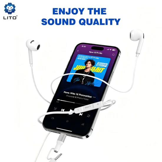 Жични слушалки – Lito (LF03) – Jack 3.5mm + Type-C, стерео, Half In-Ear, HD микрофон, 1.2m – Бели
