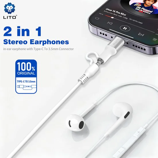 Жични слушалки – Lito (LF03) – Jack 3.5mm + Type-C, стерео, Half In-Ear, HD микрофон, 1.2m – Бели